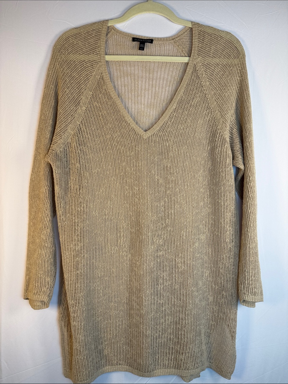 Eileen Fisher Beige V-Neck Long Tunic Linen/Cotton Knit Sweater